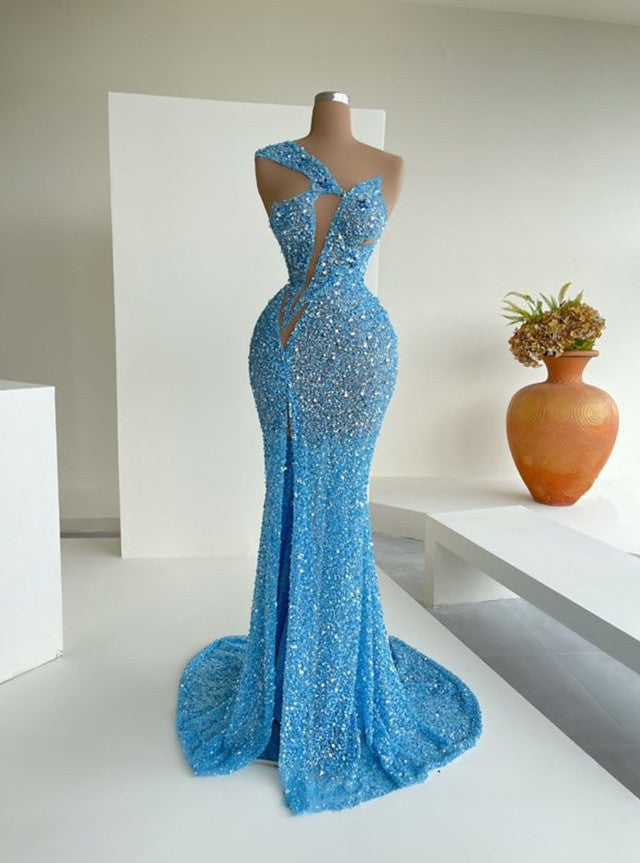 Ocean Blue Sequins One-Shoulder Mermaid Long Prom Dress With Split Ballbella Ocean Blue Sequins One-Shoulder Mermaid Long Prom Dress With Split Ballbella