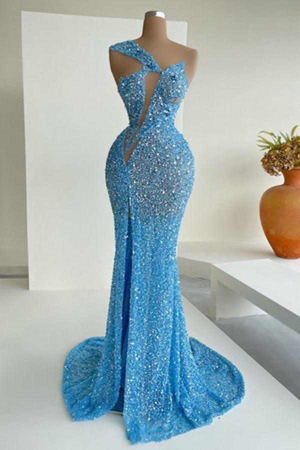Ocean Blue Sequins One-Shoulder Mermaid Long Prom Dress With Split Ballbella Ocean Blue Sequins One-Shoulder Mermaid Long Prom Dress With Split Ballbella