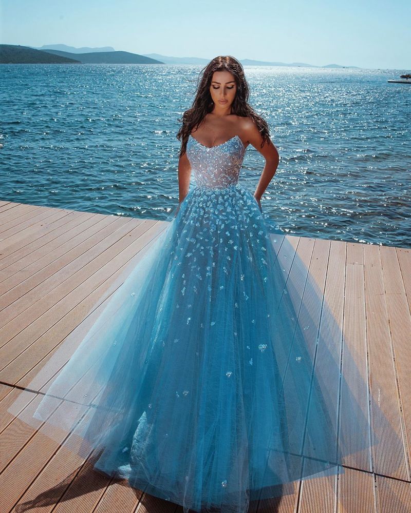 Ocean Blue Strapless Sparkle Beads Tulle Princess Prom Party Gowns