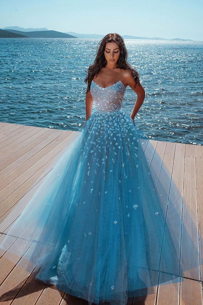 Ocean Blue Strapless Sparkle Beads Tulle Princess Prom Party Gowns Ocean Blue Strapless Sparkle Beads Tulle Princess Prom Party Gowns