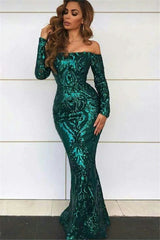 Off Shoulder Evening Dresses with Sleeves Chic Mermaid Sequins Prom Dresses-Ballbella