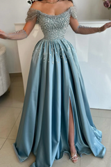 Off the shoudler Pearls Dusty Blue A-line Floor length Prom Dresses-Ballbella