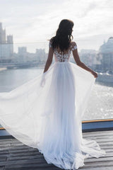 Off The Shoulder Appliques A line Wedding Dresses Side Split Tulle Bridal Gowns-Ballbella