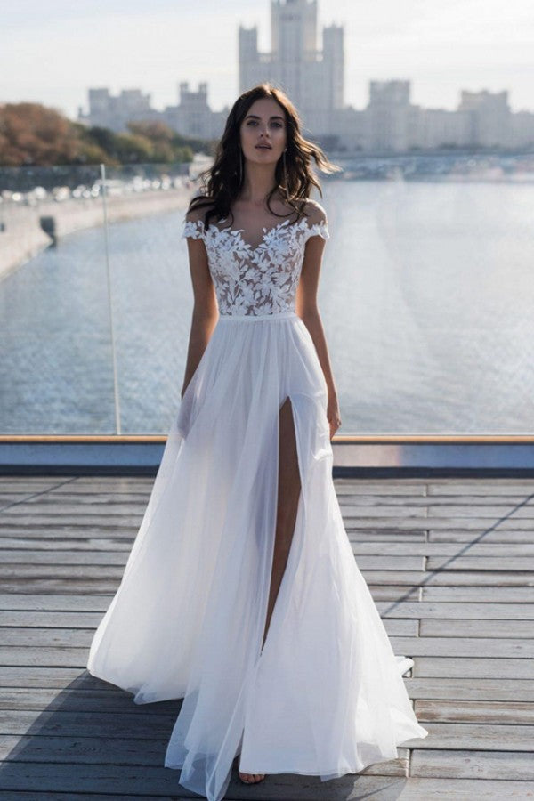 Off The Shoulder Appliques A line Wedding Dresses Side Split Tulle Bridal Gowns Off The Shoulder Appliques A line Wedding Dresses Side Split Tulle Bridal Gowns