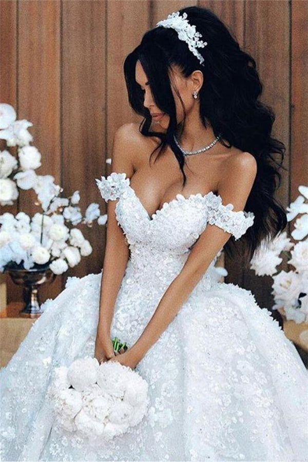 Off The Shoulder Appliques Luxurious Wedding Dresses Princess Ball Gown Modern Bride Dress-Ballbella