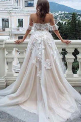 Off The Shoulder Appliques Wedding Dresses A line Tulle Bridal Gowns-Ballbella