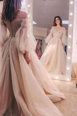 Off the shoulder Beads puff sleeve Tulle Ball Gown Evening Dress-Ballbella