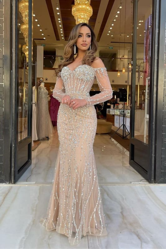 Off the shoulder Champange Long sleeves Sweetheart Sparkle Beaded Prom Ballbella Off the shoulder Champange Long sleeves Sweetheart Sparkle Beaded Prom Ballbella