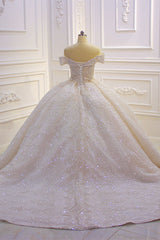 Off the shoulder Champange Puffy ball Gown Sparkle Wedding Dress-Ballbella