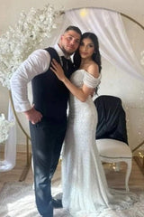 Off the Shoulder Chapel Sequined Floor Length Wedding Dresses-Ballbella