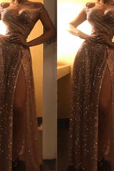 Off-the-Shoulder Charming Gold Sequins Evening Dresses Chic Side Slit Prom Dresses-Ballbella