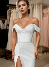 Off-The-Shoulder Court Train Satin Wedding Dresses Detachable Train-Ballbella