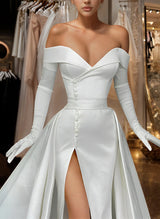 Off-The-Shoulder Court Train Satin Wedding Dresses Detachable Train-Ballbella