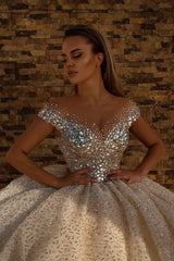 Off the Shoulder Crystal Princess Ball Gown Sequins Bridal Gowns-Ballbella