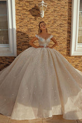 Off the Shoulder Crystal Princess Ball Gown Sequins Bridal Gowns-Ballbella