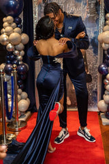 Off the shoulder Dark Navy Mermaid High Split Appliques Prom Dresses-Ballbella