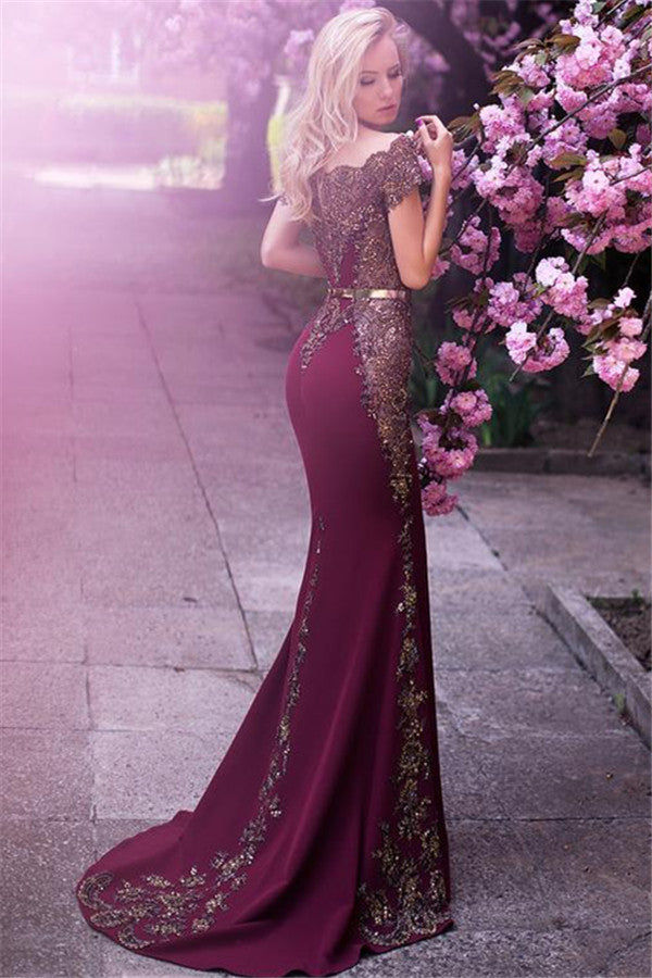Off-the-Shoulder Formal Evening Dress Beads Appliques Mermaid Prom