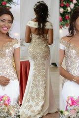 Off the shoulder Golden Lace appliques Backless Wedding Dress-Ballbella