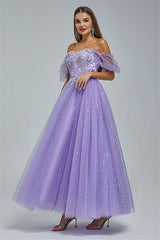 Off-the-shoulder Lace Applique Ankle Length Backless Vintage Beautiful Ball Gown Prom Dress-Ballbella