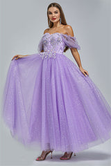 Off-the-shoulder Lace Applique Ankle Length Backless Vintage Beautiful Ball Gown Prom Dress-Ballbella