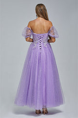 Off-the-shoulder Lace Applique Ankle Length Backless Vintage Beautiful Ball Gown Prom Dress-Ballbella