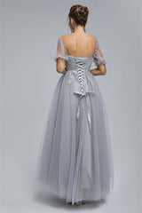 Off-the-shoulder Lace Applique Ankle Length Backless Vintage Beautiful Ball Gown Prom Dress-Ballbella