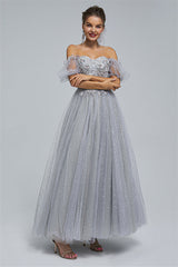 Off-the-shoulder Lace Applique Ankle Length Backless Vintage Beautiful Ball Gown Prom Dress-Ballbella