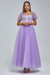 Off-the-shoulder Lace Applique Ankle Length Backless Vintage Beautiful Ball Gown Prom Dress-Ballbella