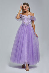 Off-the-shoulder Lace Applique Ankle Length Backless Vintage Beautiful Ball Gown Prom Dress-Ballbella