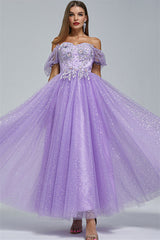 Off-the-shoulder Lace Applique Ankle Length Backless Vintage Beautiful Ball Gown Prom Dress-Ballbella