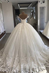 Off the shoulder Lace Ball Gowns Tulle Formal Bridal Gowns-Ballbella