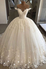 Off the shoulder Lace Ball Gowns Tulle Formal Bridal Gowns-Ballbella