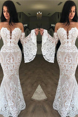 Off-the-Shoulder Lace Evening Dress Chic Strapless Bell Sleeves Prom Dresses-Ballbella