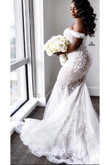 Off the shoulder Lace Mermaid Plus Size Wedding Dresses-Ballbella