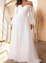 Off-the-Shoulder Long Sleeves Chiffon Floor-Length Wedding Dress-Ballbella