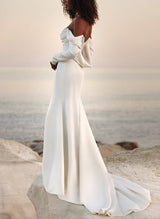 Off-The-Shoulder Long Sleeves Satin Wedding Dresses Sequins-Ballbella