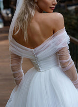 Off-The-Shoulder Long Sleeves Sweep Train Tulle Wedding Dresses-Ballbella
