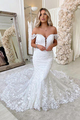 Off The Shoulder Mermaid Appliques Wedding Dresses Lace Backless Bridal Gowns-Ballbella