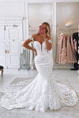 Off The Shoulder Mermaid Appliques Wedding Dresses Lace Backless Bridal Gowns-Ballbella