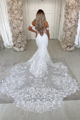 Off The Shoulder Mermaid Appliques Wedding Dresses Lace Backless Bridal Gowns-Ballbella