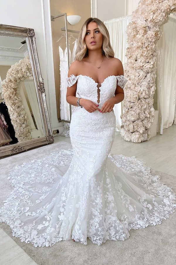 Off The Shoulder Mermaid Appliques Wedding Dresses Lace Backless