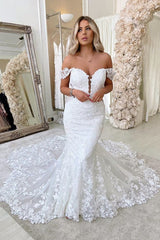 Off The Shoulder Mermaid Appliques Wedding Dresses Lace Backless Bridal Gowns-Ballbella