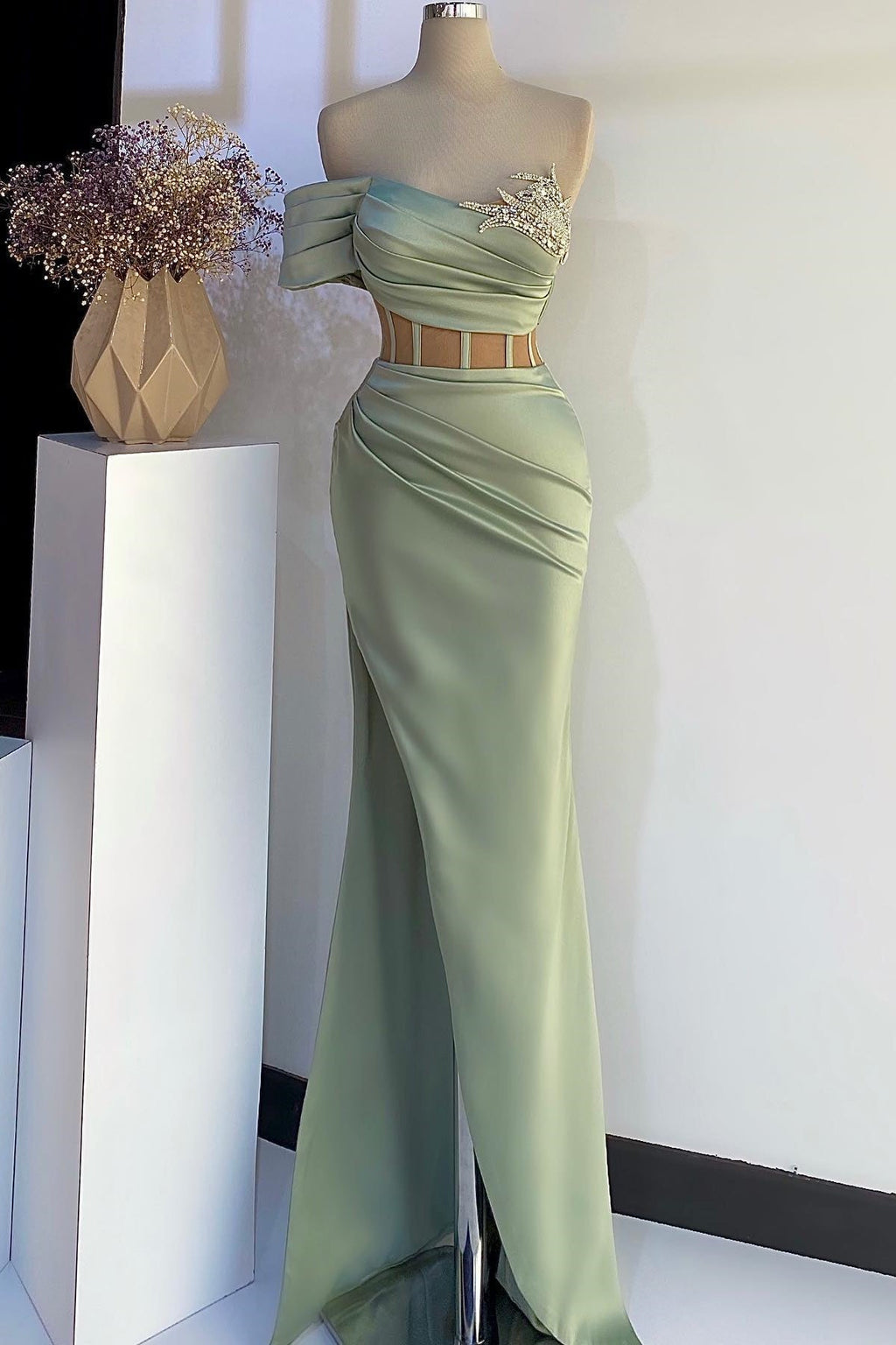 Off-the-Shoulder Mermaid Prom Dress in Dusty Sage with Beads Ballbella Off-the-Shoulder Mermaid Prom Dress in Dusty Sage with Beads Ballbella