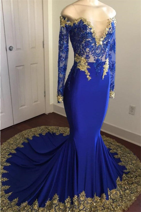 Bmbridal Royal Blue Mermaid Prom Dress Gold Appliques V-Neck