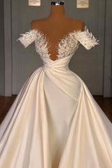 Off the Shoulder Sequined Fur Satin Wedding Party Gown Sleeveless/Long Sleevess styles-Ballbella