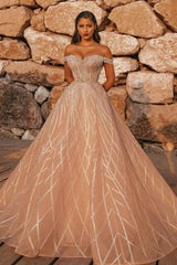Off the Shoulder Sequins Aline Wedding Gown-Ballbella