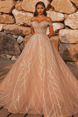 Off the Shoulder Sequins Aline Wedding Gown-Ballbella