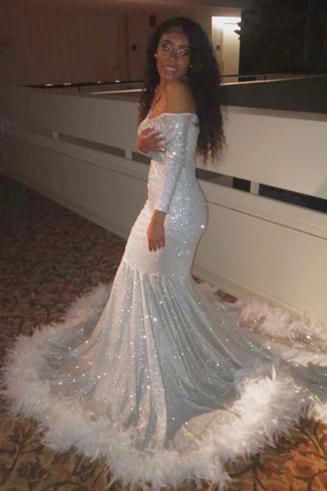 Off-the-shoulder Sequins Fur Trim Court Train Mermaid Prom Gowns Off-the-shoulder Sequins Fur Trim Court Train Mermaid Prom Gowns