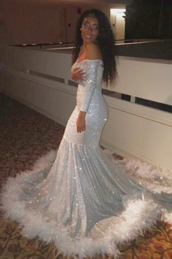 Off-the-shoulder Sequins Fur Trim Court Train Mermaid Prom Gowns Ballbella Off-the-shoulder Sequins Fur Trim Court Train Mermaid Prom Gowns Ballbella