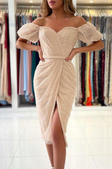 Off-the-Shoulder Sequins Short Prom Dress With Slit Party Gowns-Ballbella